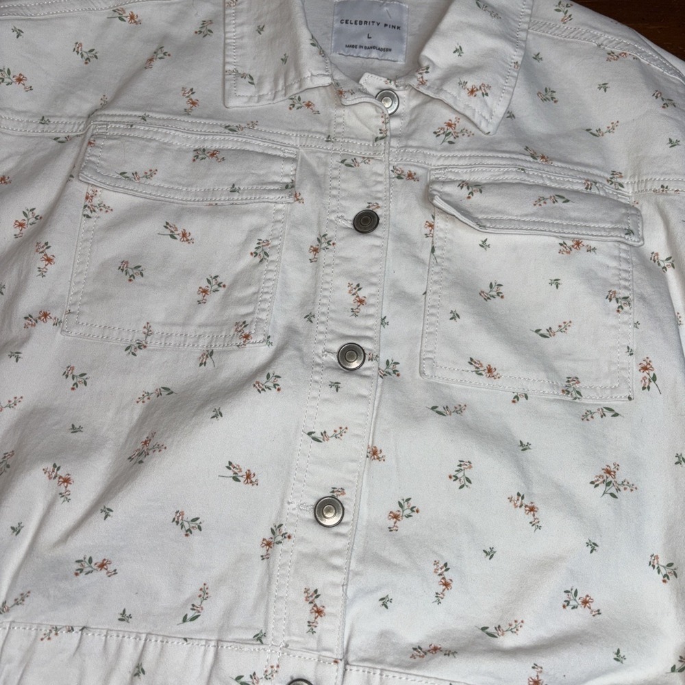 Celebrity Pink White Floral Romper Size L Large 11-13 Snaps Pockets - Picture 5 of 6